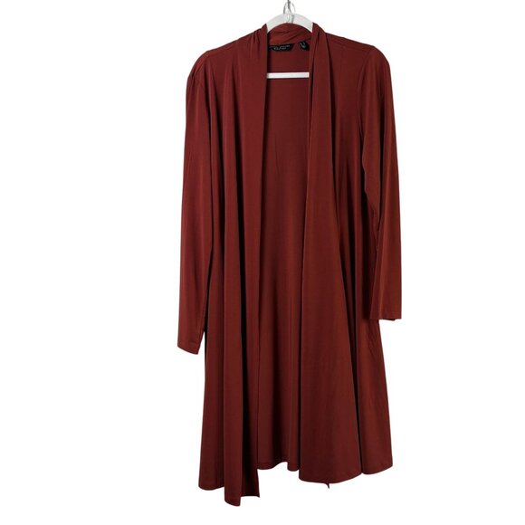 Susan Graver Sweaters - Susan Graver Every Day Liquid Knit Duster Cardigan Size L Brown Rust Pocket Open